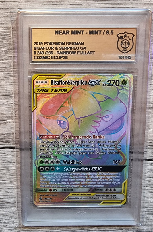 Pokemon Karte Bisaflor & Serpifeu GX GSG 8.5 Cosmic Eclipse Deutsch